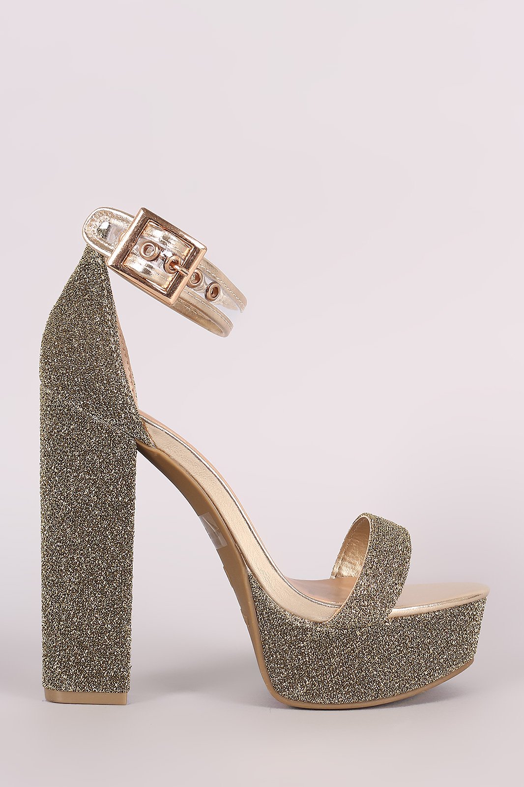 Bamboo Foiled Metallic Fabric Clear Ankle Strap Platform Heel