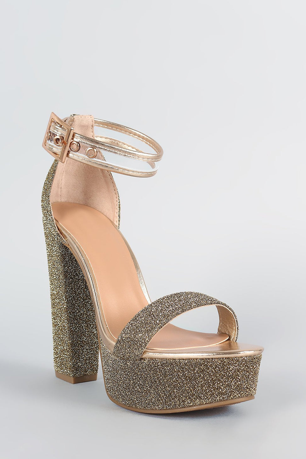 Bamboo Foiled Metallic Fabric Clear Ankle Strap Platform Heel