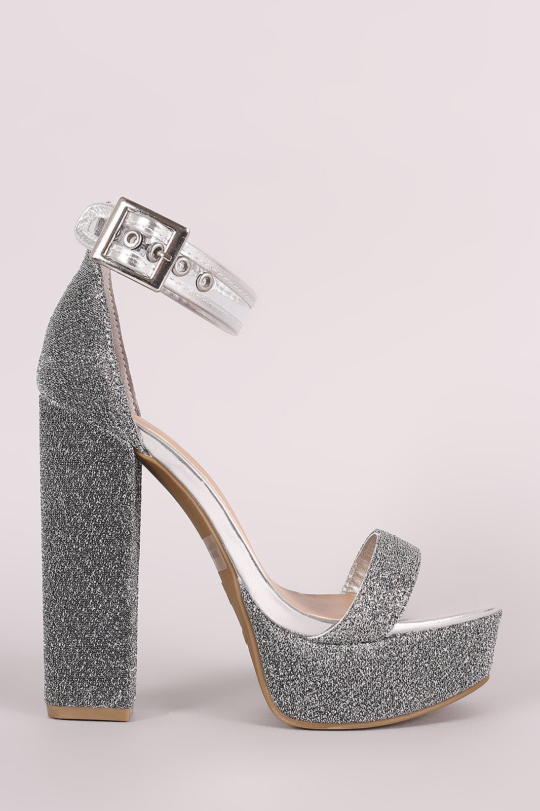 Bamboo Foiled Metallic Fabric Clear Ankle Strap Platform Heel