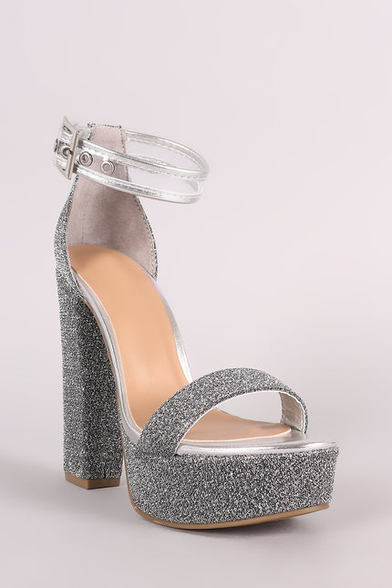 Bamboo Foiled Metallic Fabric Clear Ankle Strap Platform Heel