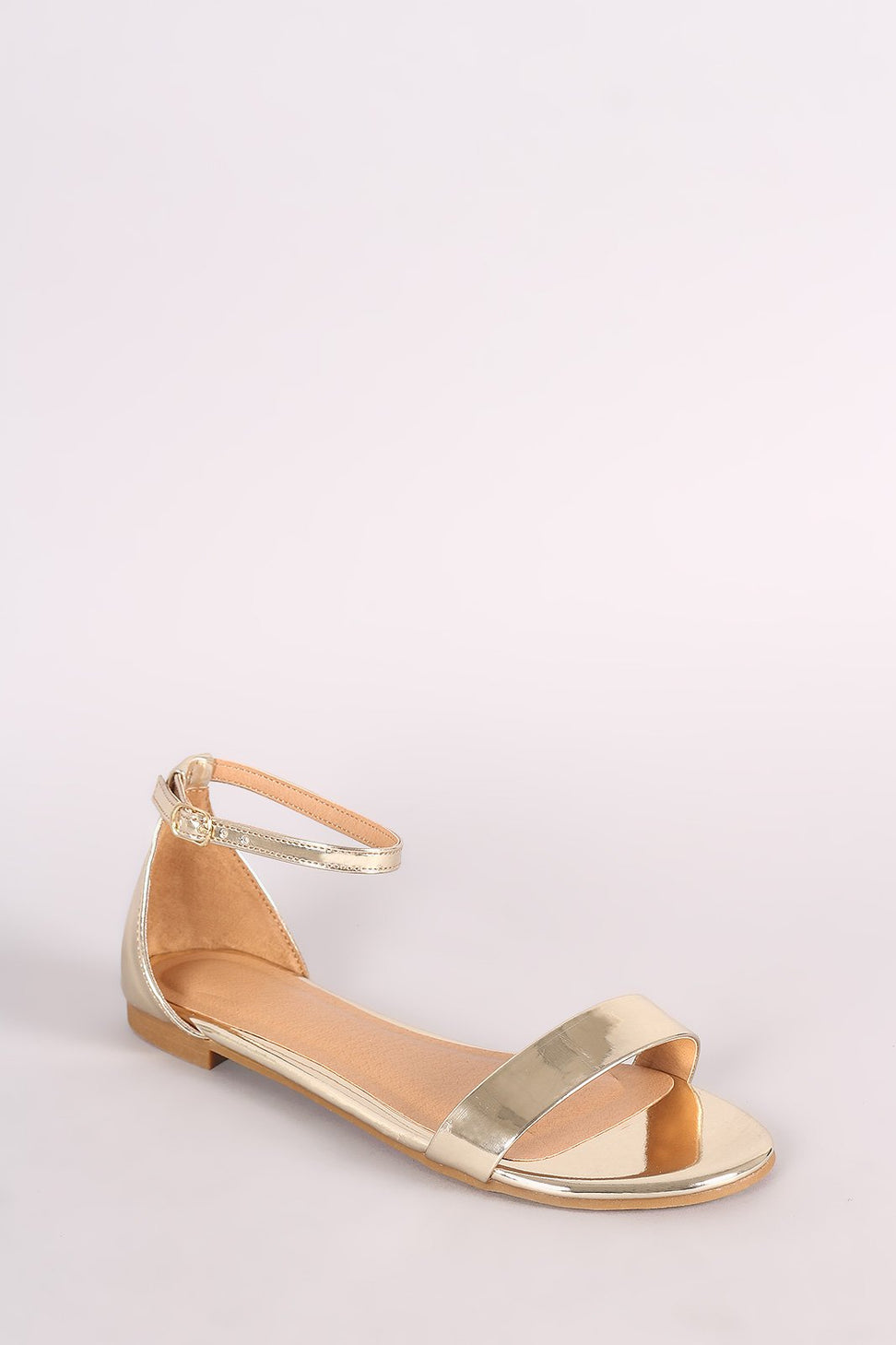 Bamboo Metallic Patent Open Toe Ankle Strap Flat Sandal