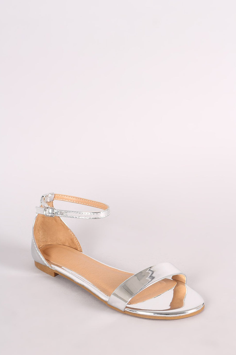 Bamboo Metallic Patent Open Toe Ankle Strap Flat Sandal