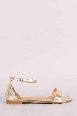 Bamboo Metallic Patent Open Toe Ankle Strap Flat Sandal