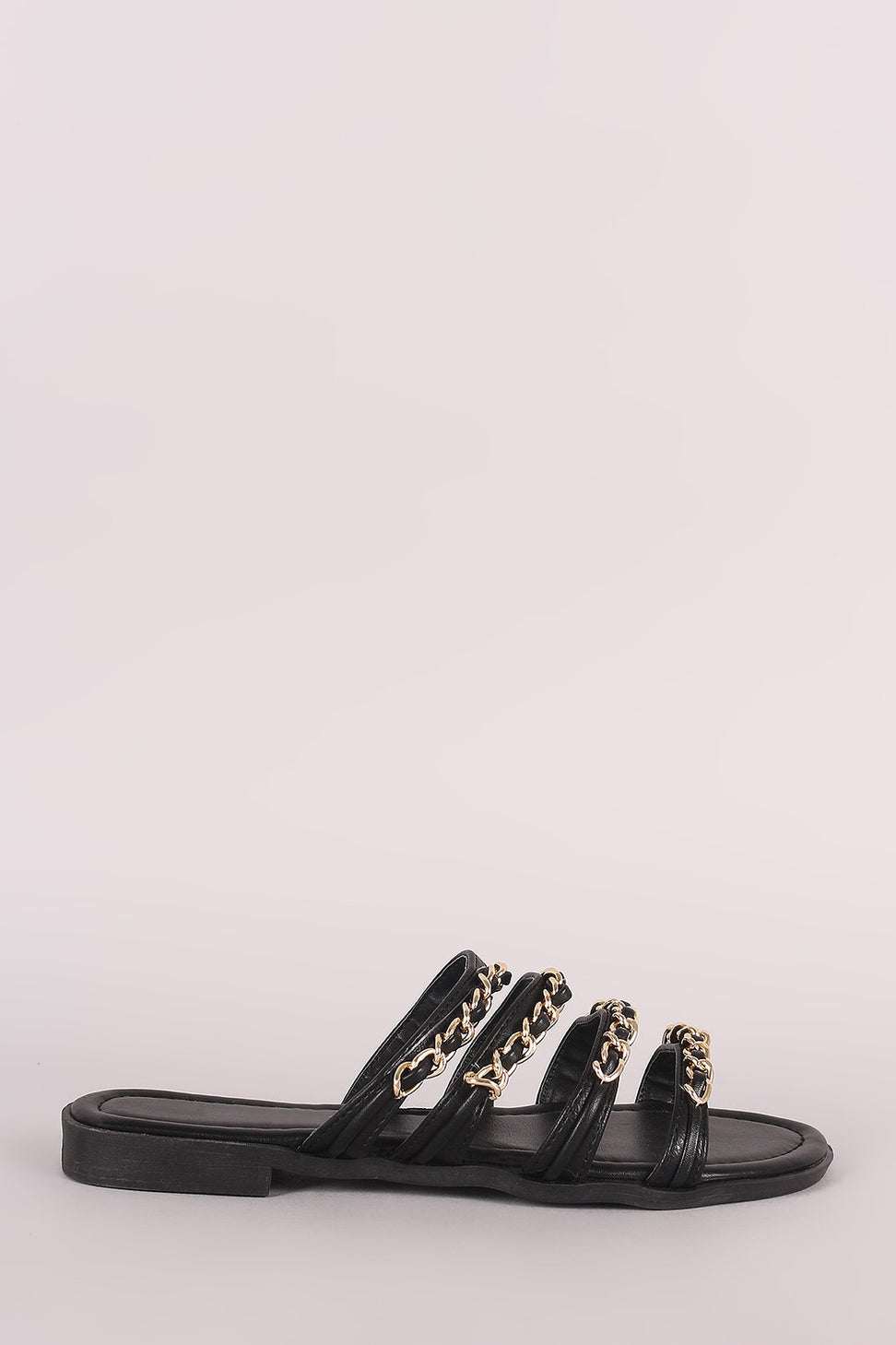 Leather Strappy Chain-Embellished Open Toe Slip On Sandal