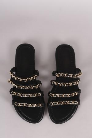 Leather Strappy Chain-Embellished Open Toe Slip On Sandal