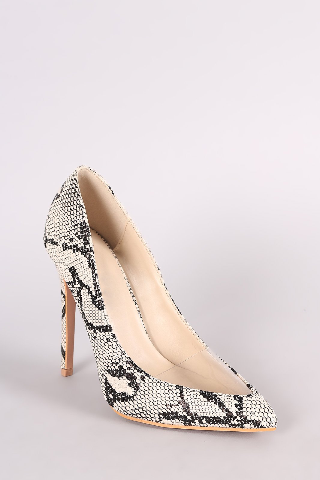 Snakeskin Pointy Toe Clear Inset Stiletto Pump