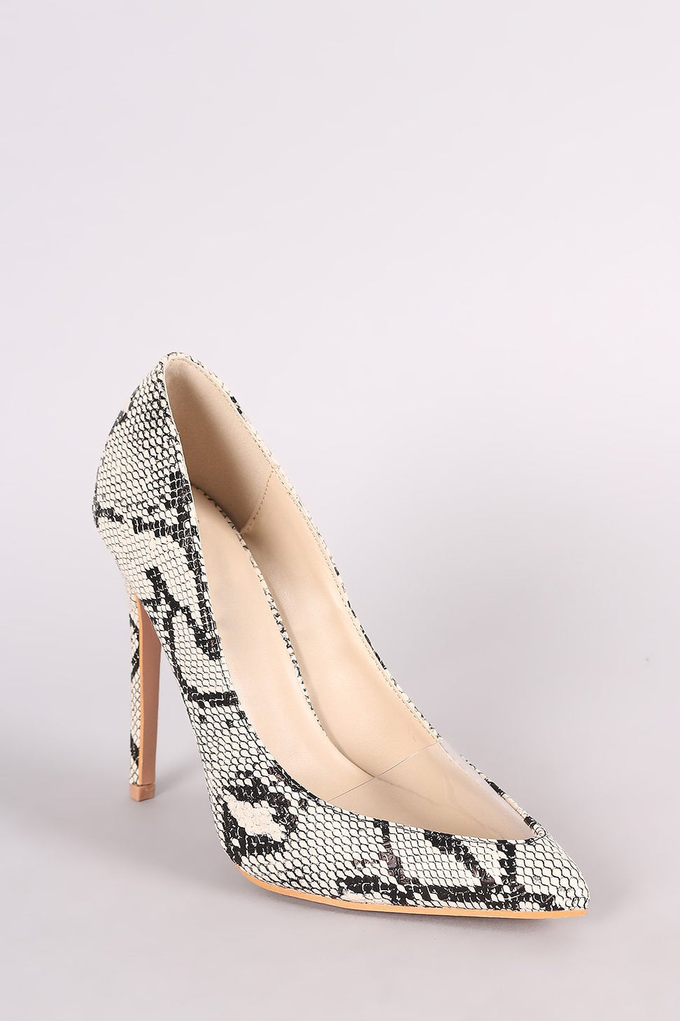 Snakeskin Pointy Toe Clear Inset Stiletto Pump