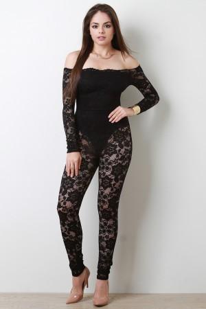 Semi-Sheer Floral Lace Bardot Jumpsuit