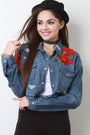 Floral Applique Distressed Chambray Top - NoveltyOne