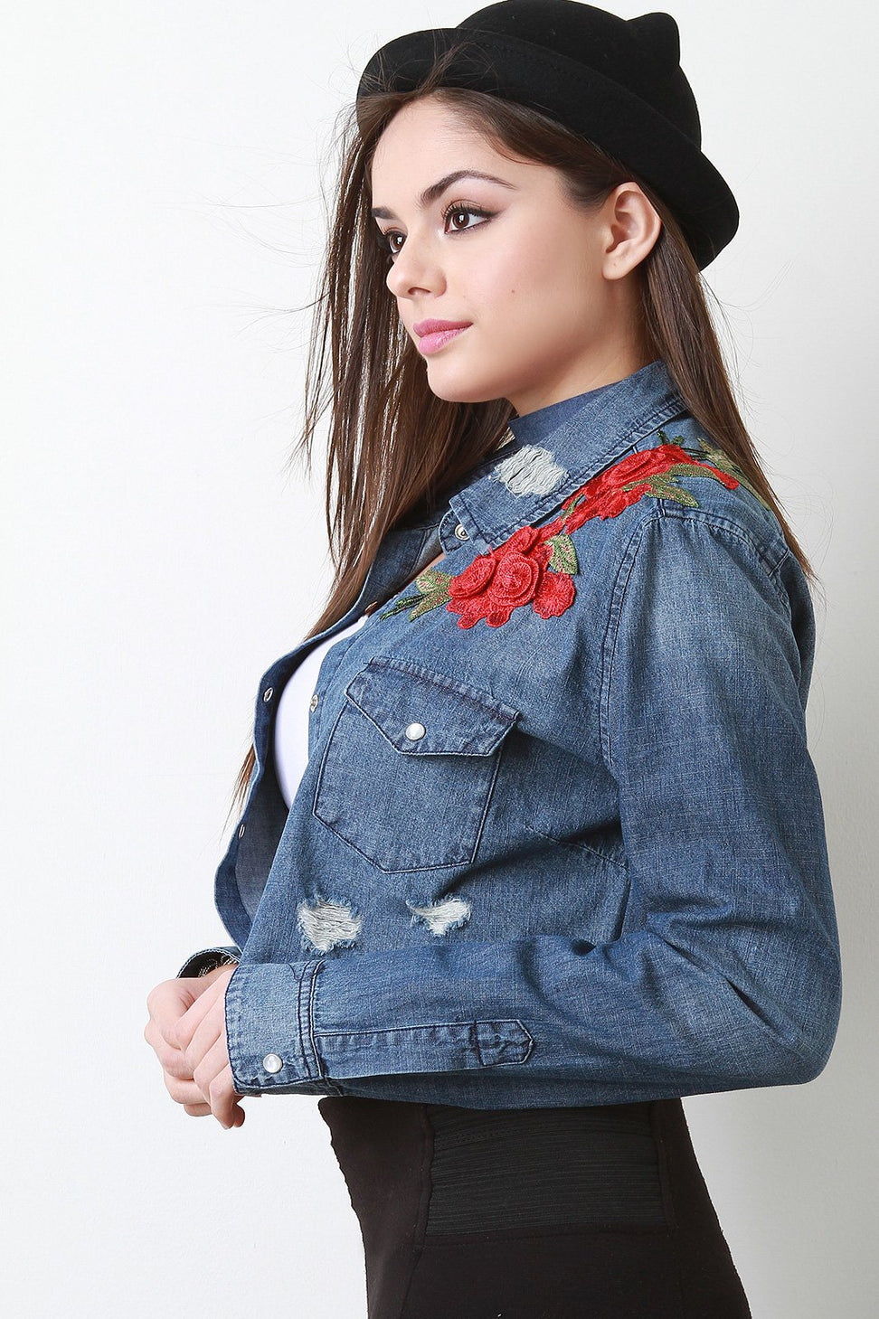 Floral Applique Distressed Chambray Top - NoveltyOne