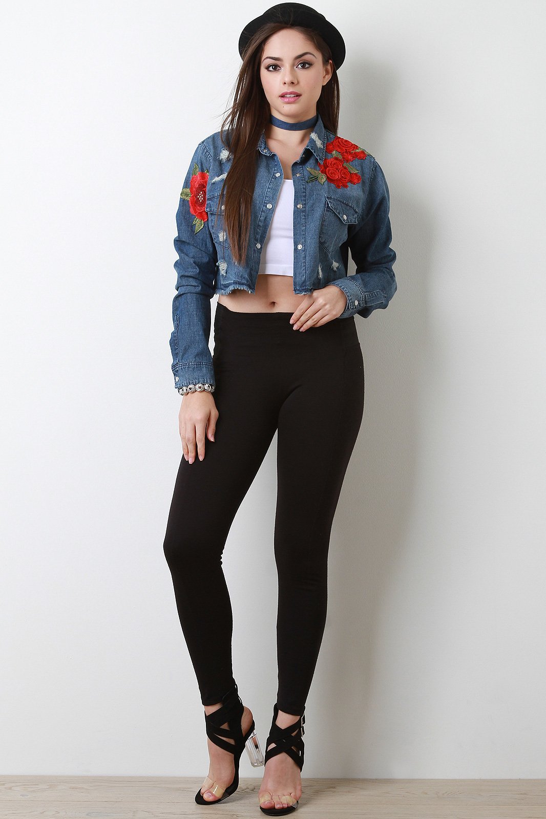 Floral Applique Distressed Chambray Top - NoveltyOne