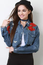 Floral Applique Distressed Chambray Top - NoveltyOne