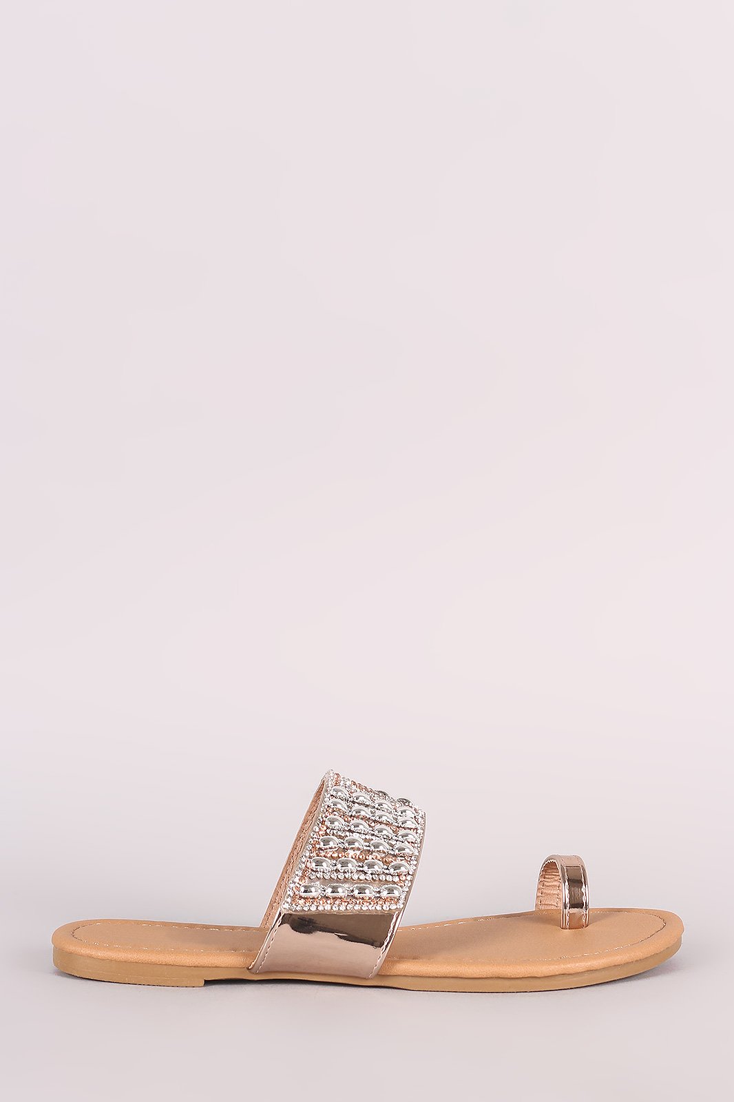 Qupid Metallic Rhinestone Accent Toe Ring Flat Sandal