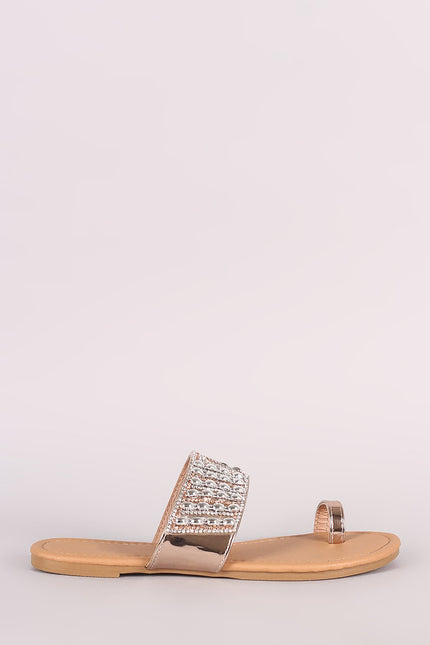 Qupid Metallic Rhinestone Accent Toe Ring Flat Sandal