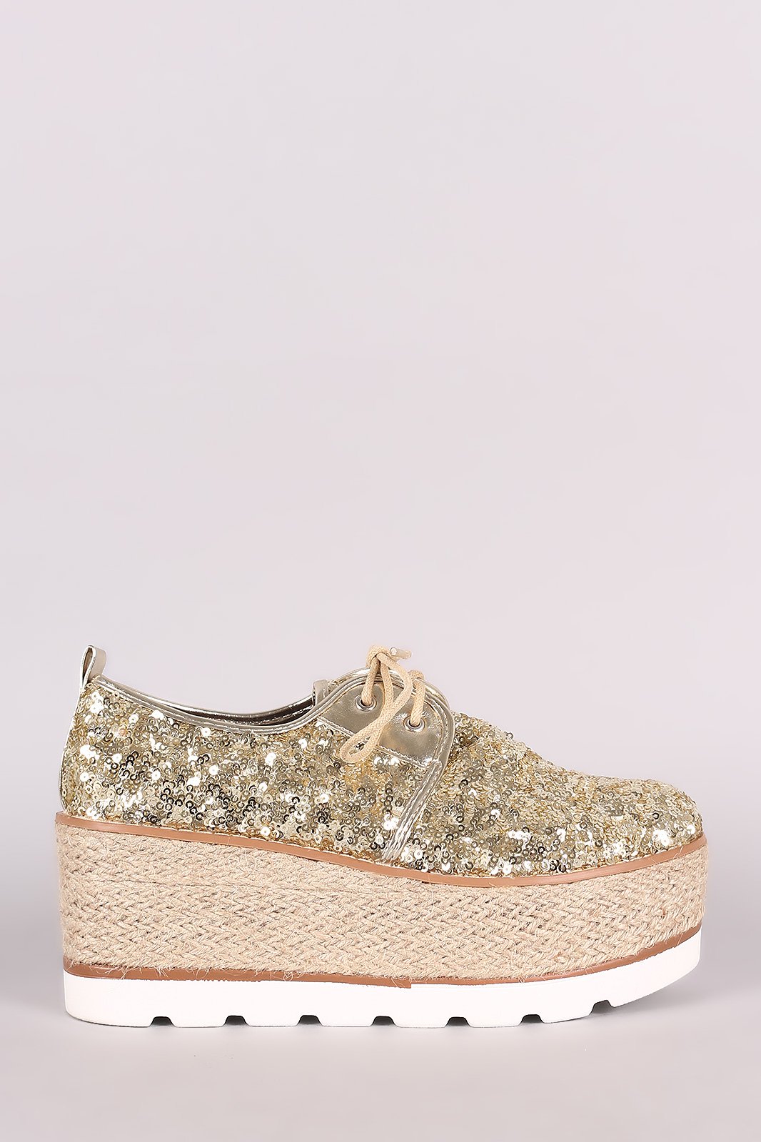 Sequined Lace Up Espadrille Oxford Flatform Wedge