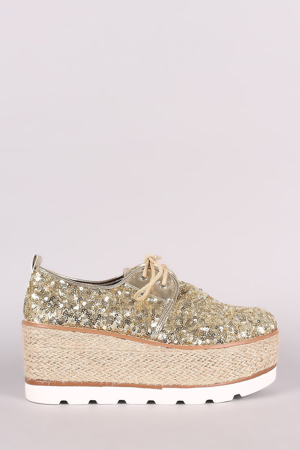 Sequined Lace Up Espadrille Oxford Flatform Wedge