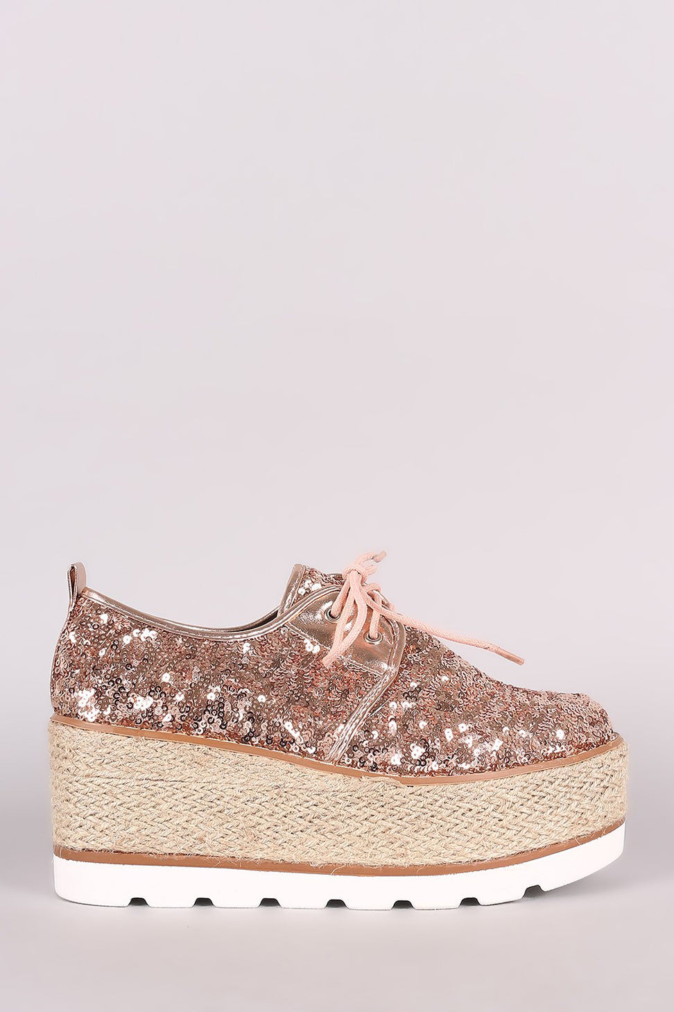 Sequined Lace Up Espadrille Oxford Flatform Wedge
