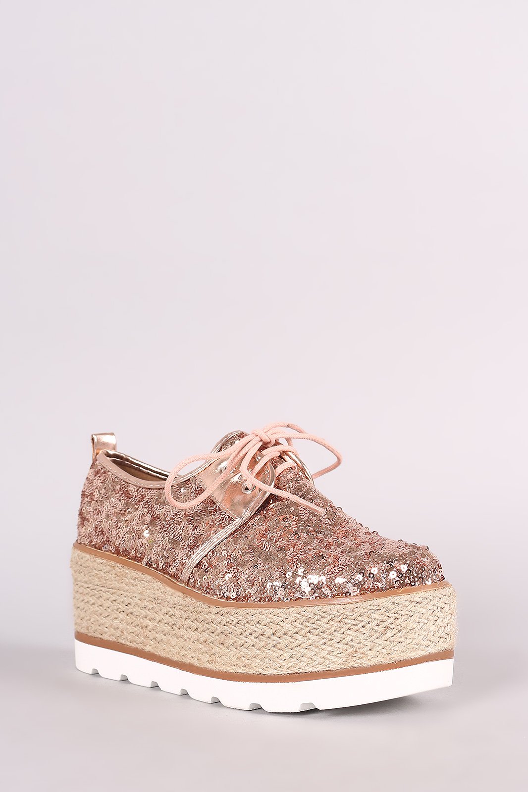 Sequined Lace Up Espadrille Oxford Flatform Wedge