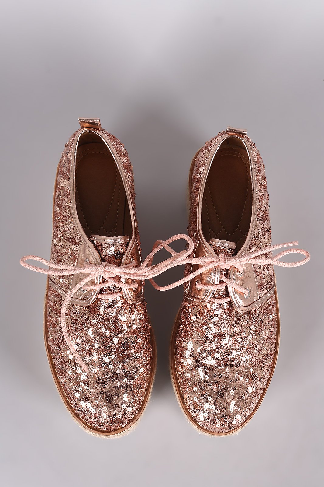 Sequined Lace Up Espadrille Oxford Flatform Wedge