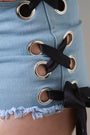 Eyelets Side Lace-Up Ribbon High Waisted Denim Shorts