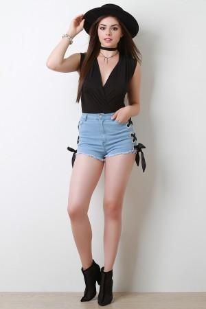 Eyelets Side Lace-Up Ribbon High Waisted Denim Shorts