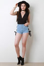 Eyelets Side Lace-Up Ribbon High Waisted Denim Shorts