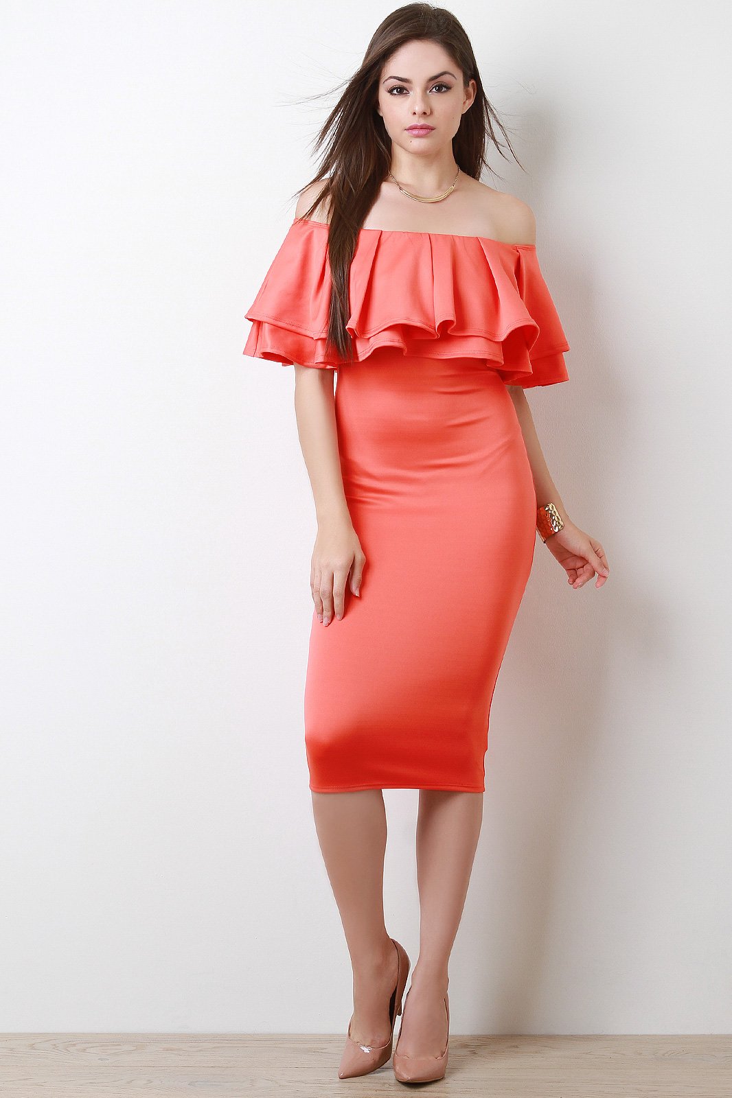 Off The Shoulder Tiered Ruffle Midi Dress