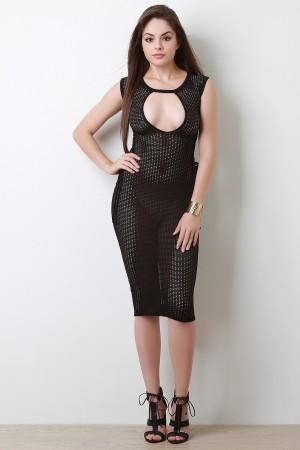 Semi-Sheer Mesh Cut Out Yoke Lace Up Midi Dress