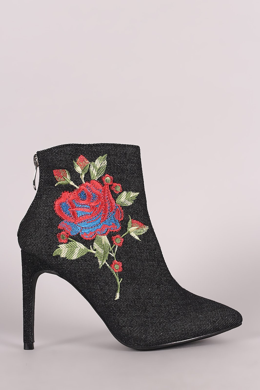 Embroidered Rosette Denim Pointy Toe Stiletto Booties
