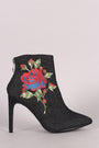 Embroidered Rosette Denim Pointy Toe Stiletto Booties