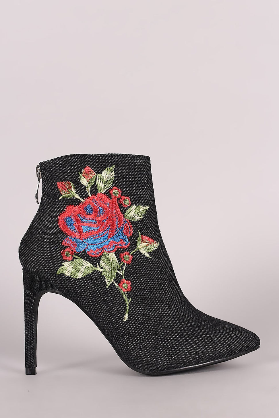Embroidered Rosette Denim Pointy Toe Stiletto Booties