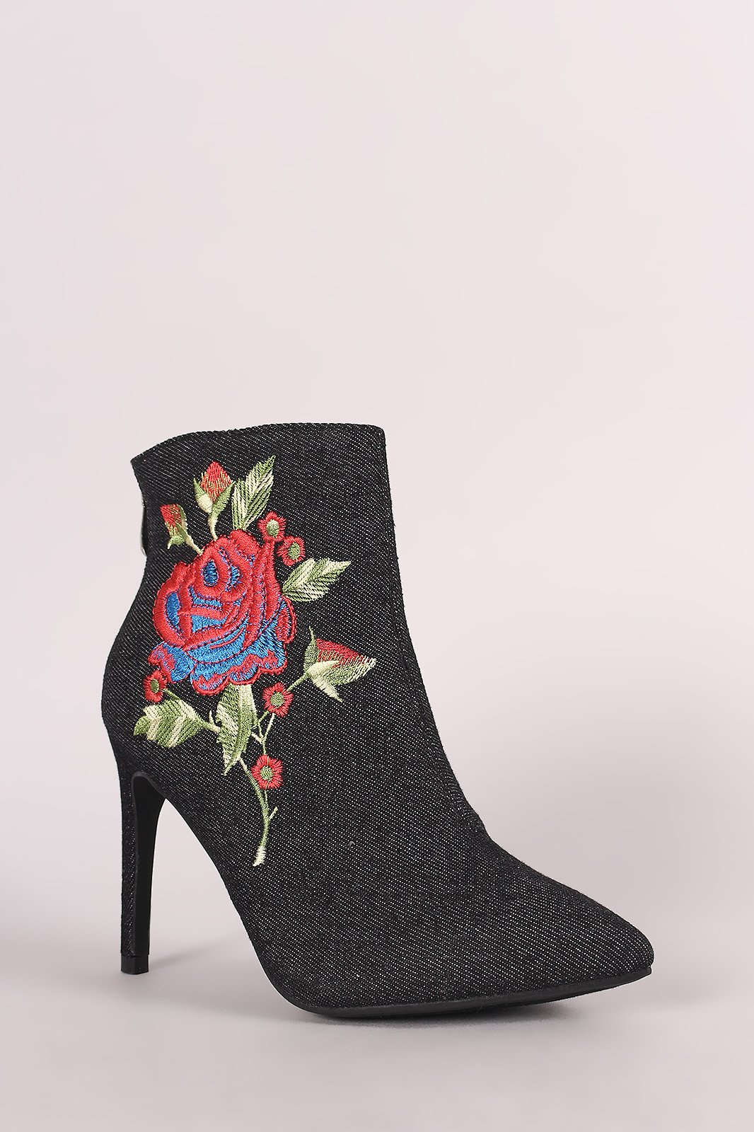 Embroidered Rosette Denim Pointy Toe Stiletto Booties