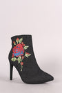 Embroidered Rosette Denim Pointy Toe Stiletto Booties