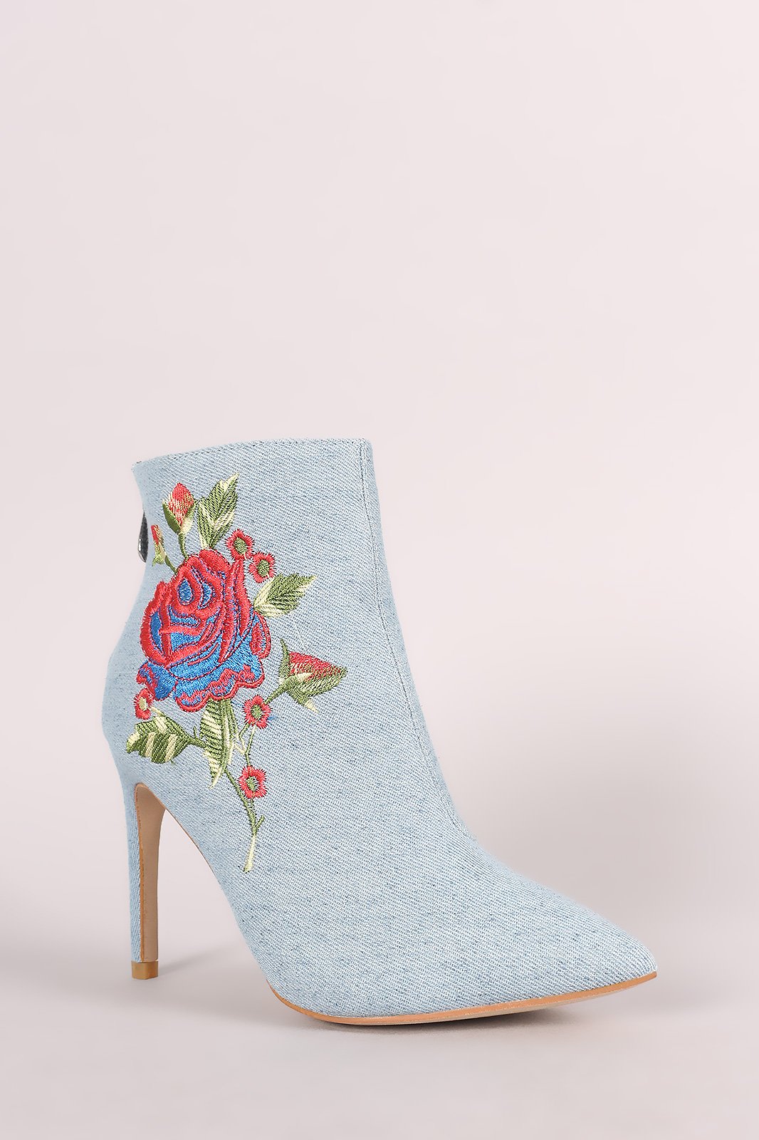 Embroidered Rosette Denim Pointy Toe Stiletto Booties