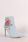 Embroidered Rosette Denim Pointy Toe Stiletto Booties