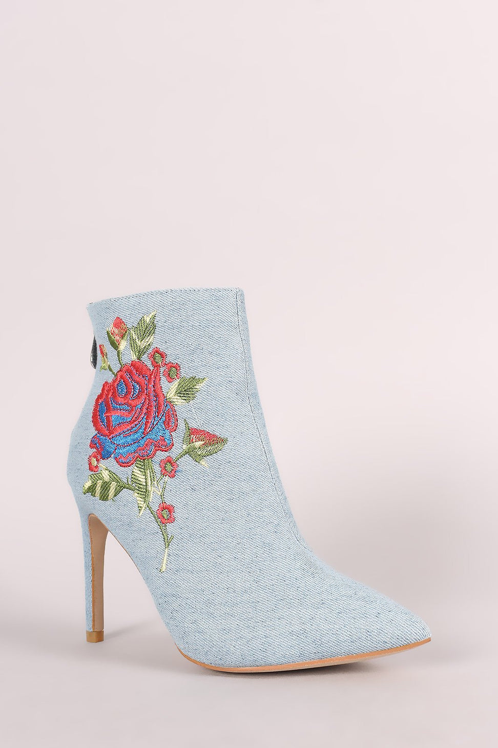 Embroidered Rosette Denim Pointy Toe Stiletto Booties