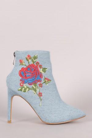 Embroidered Rosette Denim Pointy Toe Stiletto Booties
