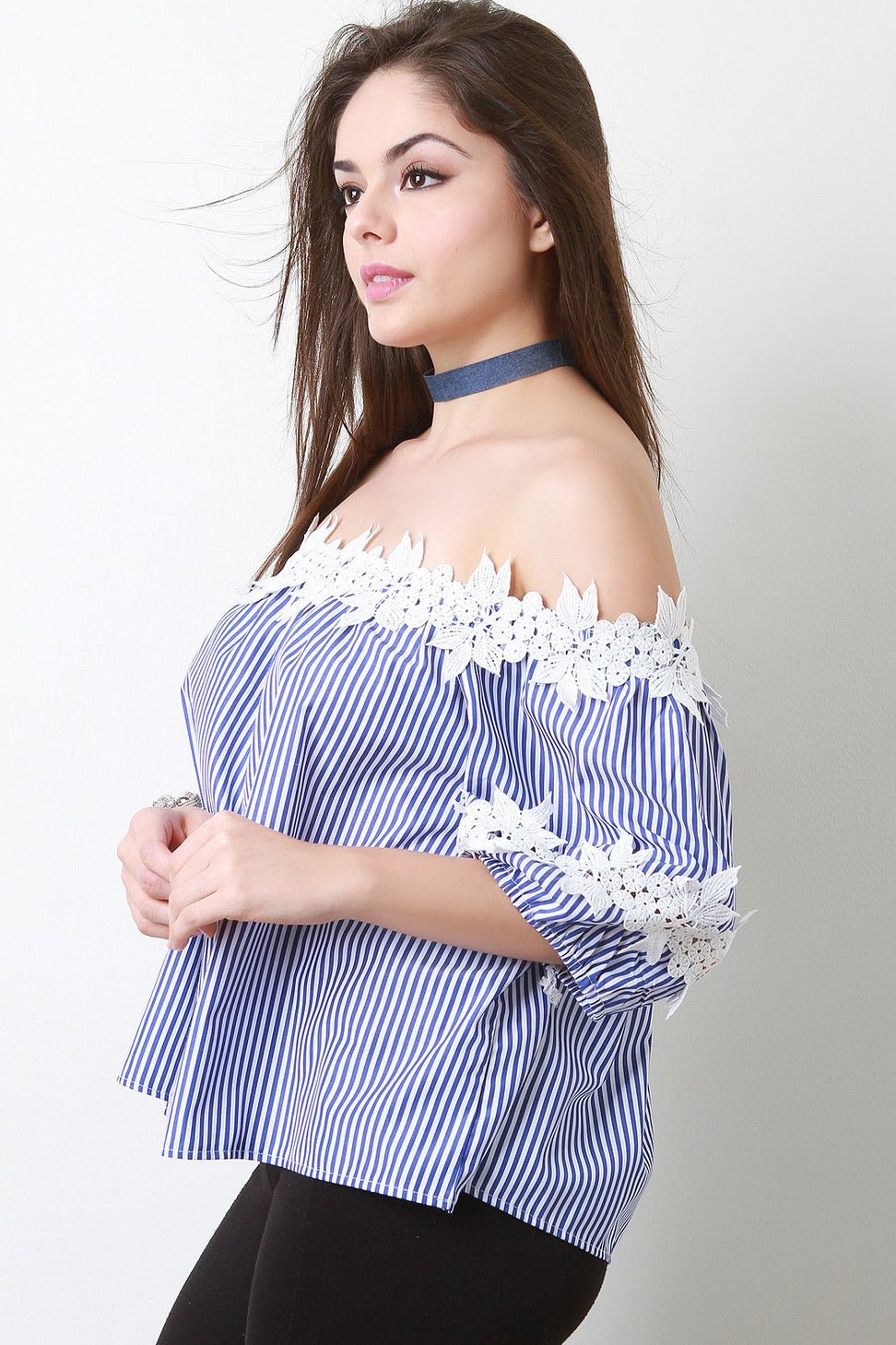 Vertical Stripes Crochet Bardot Relaxed Top