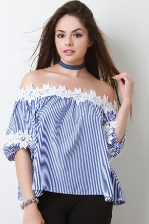 Vertical Stripes Crochet Bardot Relaxed Top