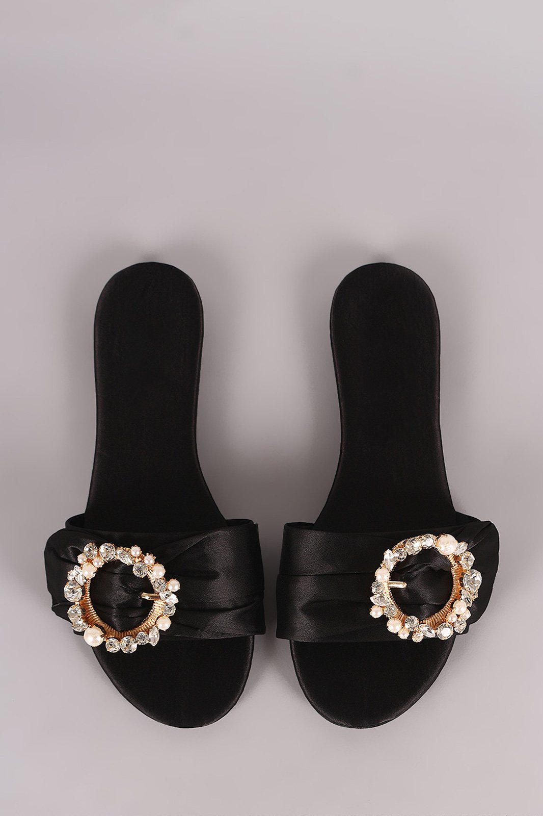 Satin Faux Pearls And Rhinestones Slip On Flat Sandal