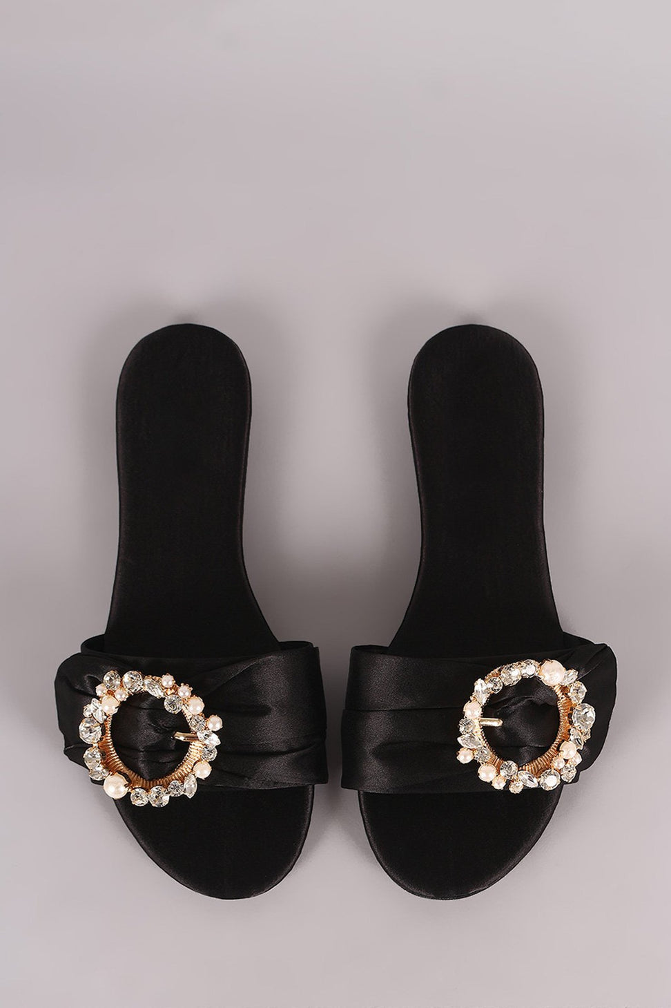 Satin Faux Pearls And Rhinestones Slip On Flat Sandal