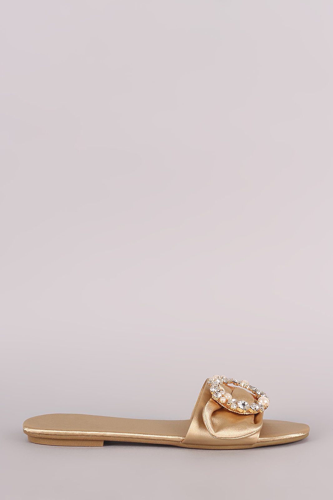 Satin Faux Pearls And Rhinestones Slip On Flat Sandal