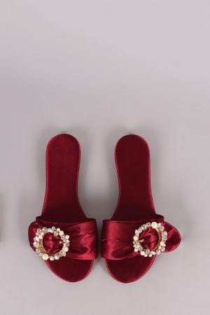 Satin Faux Pearls And Rhinestones Slip On Flat Sandal