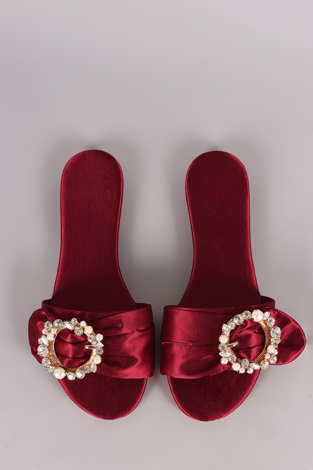 Satin Faux Pearls And Rhinestones Slip On Flat Sandal