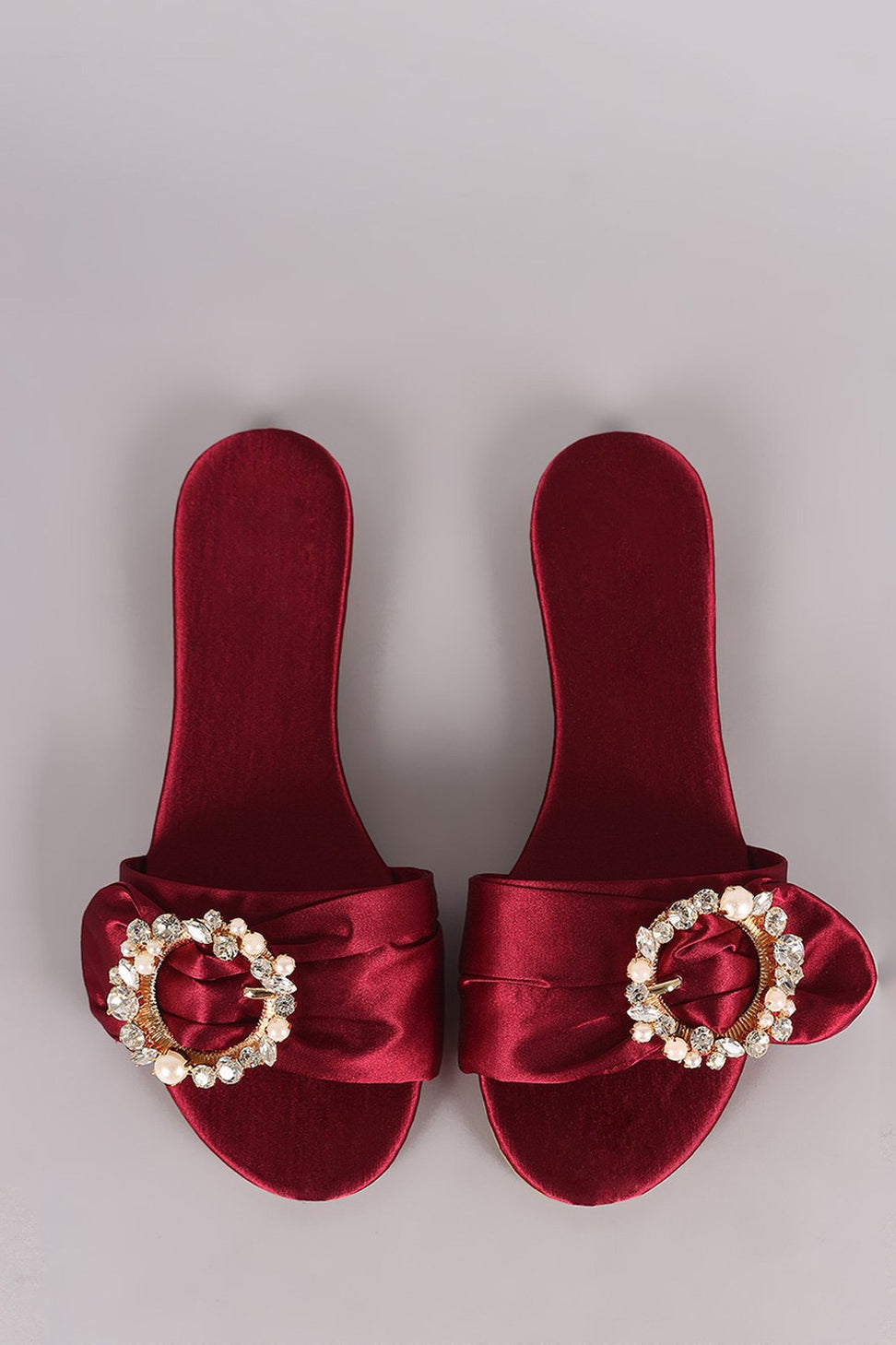 Satin Faux Pearls And Rhinestones Slip On Flat Sandal