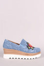 Embroidered Floral Denim Lug Sole Loafer Platform Wedge