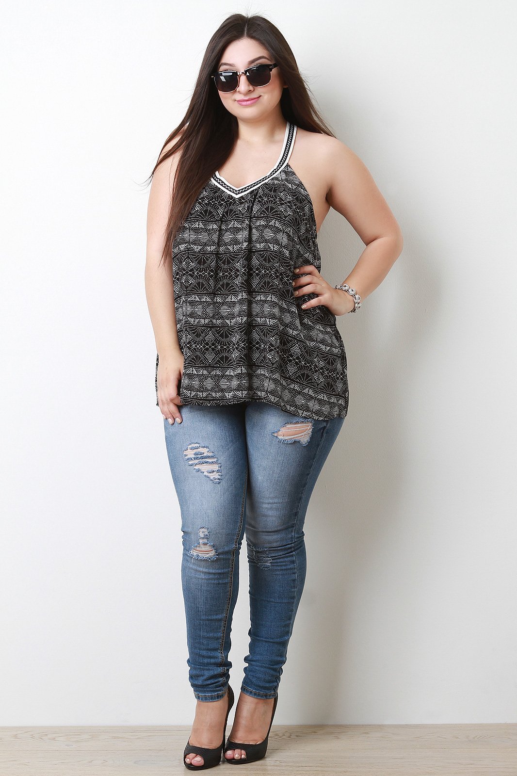 Tribal Embroidered V-Neck Sleeveless Top