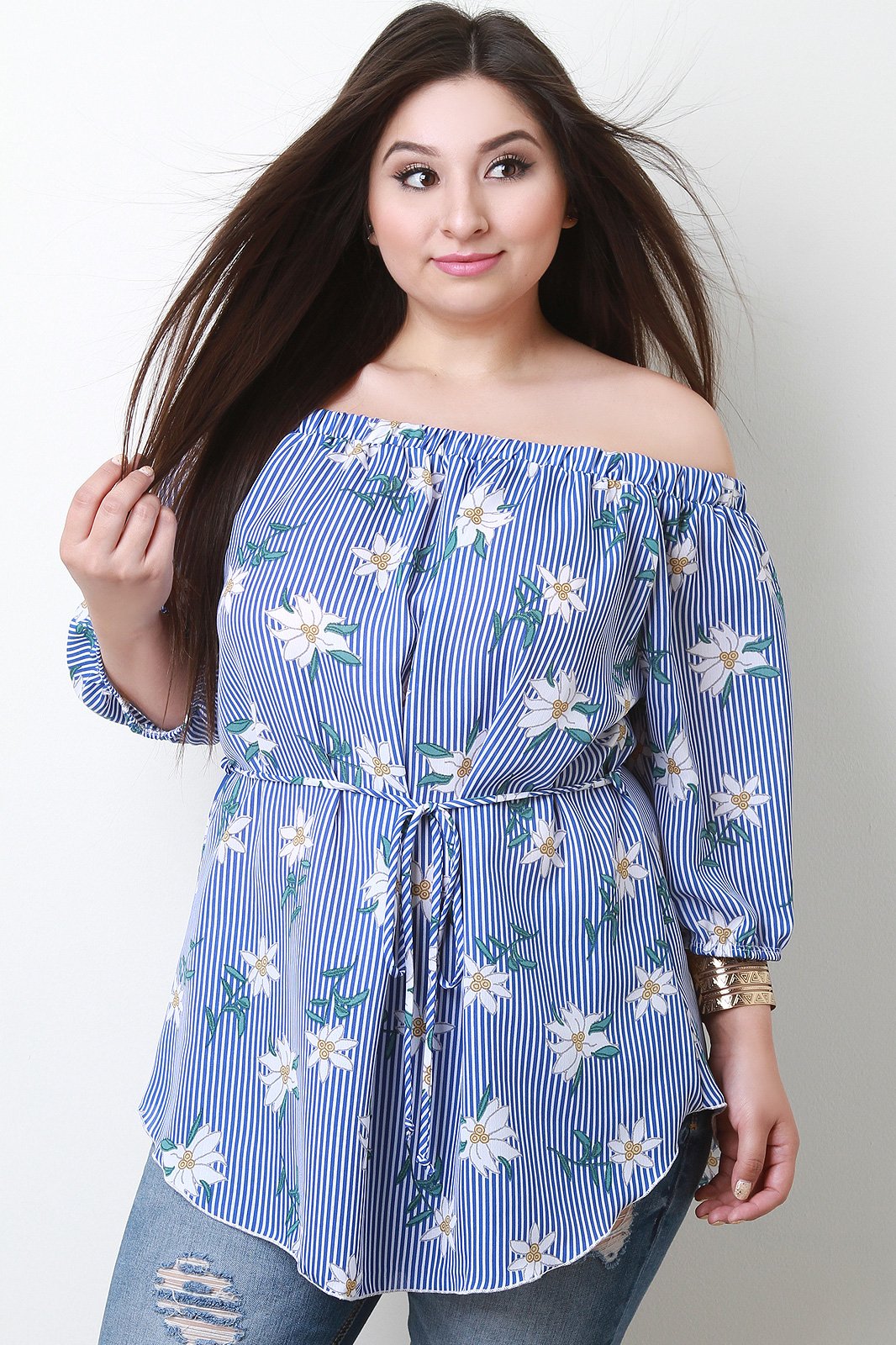 Striped Floral Waist-Tie Off The Shoulder Top