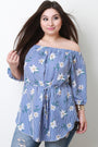 Striped Floral Waist-Tie Off The Shoulder Top