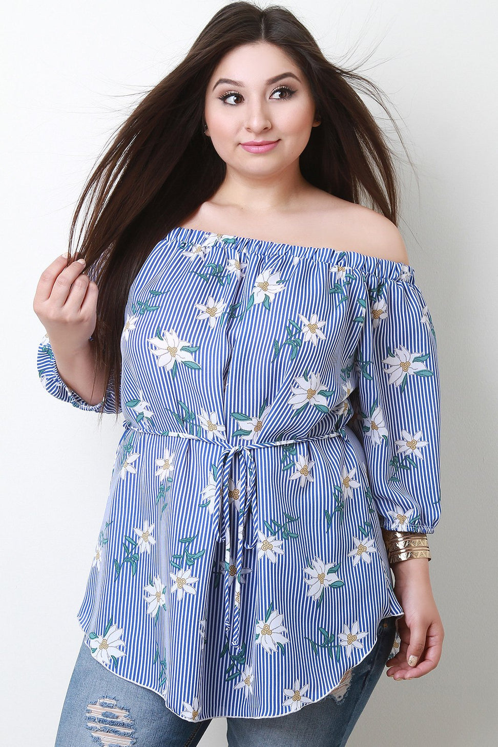 Striped Floral Waist-Tie Off The Shoulder Top